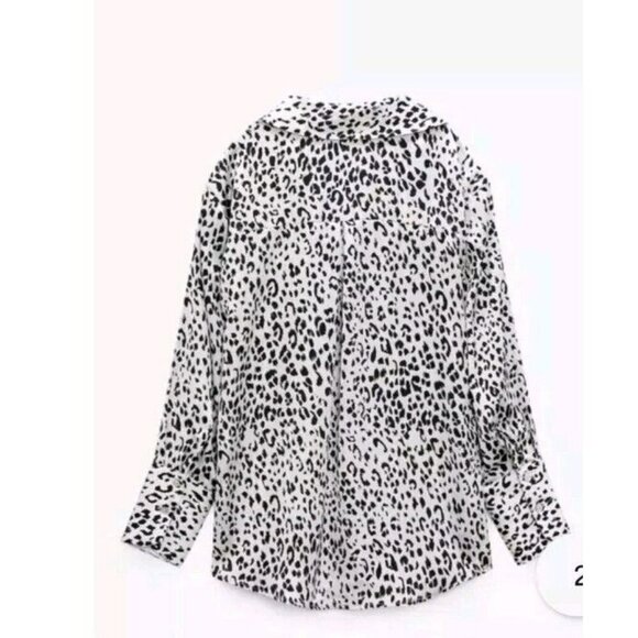 Zara Satin Effect Animal Print Shirt/Blouse Black White cheetah Medium 7969 040 - Picture 7 of 8